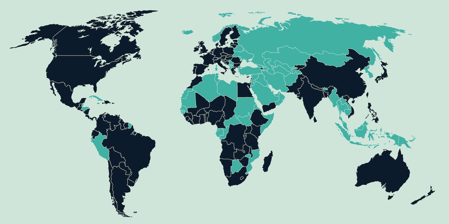 Global map showing all of the countries where Internet Society is at work—roughly half of the earth